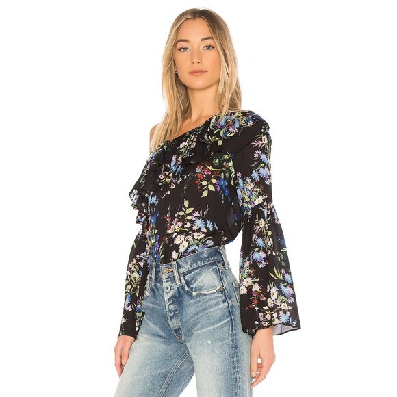 PARKER Lima Boboli Black Floral Silk Georgette Off The Shoulder Blouse, Size L - Picture 2 of 9